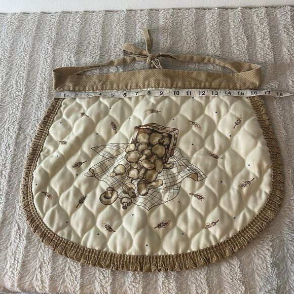 Franco Vintage Mushroom Half Apron Brown Cream Ruffle Trim Waist Tie - Picture 11 of 14